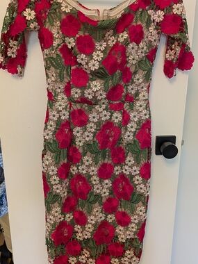 BHLDN Red and Green Floral Lace Midi Dress